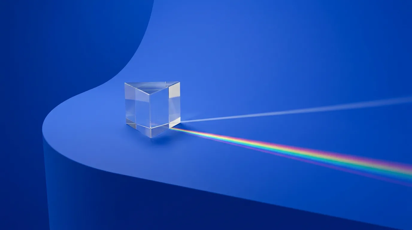 A clear glass prism on a cobalt surface dispersing a beam of white light into a spectrum